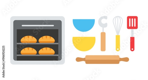 A delightful collection of essential kitchen baking tools alongside a warm oven with fresh golden bread, perfect for home cooking and culinary projects