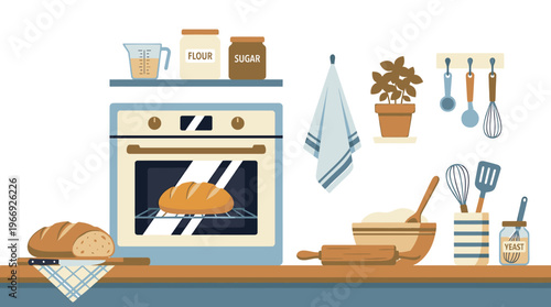 Delightful kitchen illustration with fresh bread baking in the oven, surrounded by baking ingredients, a rolling pin, and whisk, evoking the comfort of homemade food