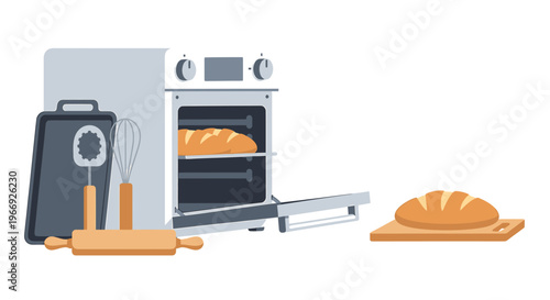 Illustration of a cozy home kitchen scene where delicious homemade bread is being baked in a modern oven, surrounded by essential baking tools and a fresh loaf on a wooden board, ready for enjoyment