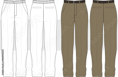 Men Chino Pants Fashion Technical Drawing, Illustration. Trousers, Pants front and back view, Vector. Cad, Mockup.