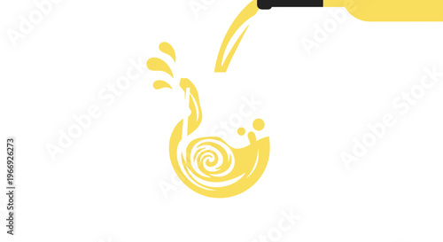 Refreshing yellow beverage pouring from a bottle into a dynamic swirl, creating a vibrant splash of liquid on a clean white background, symbolizing freshness and taste
