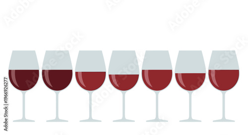 Seven red wine glasses in a row, showing progressively less liquid. A flat illustration for concepts of consumption, measurement, or comparison
