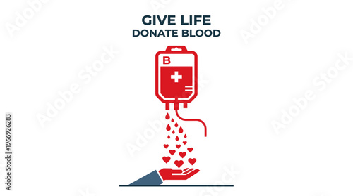 Conceptual illustration promoting the selfless act of blood donation, symbolizing life-giving generosity as blood transforms into hearts flowing from a donor bag into open, caring hands