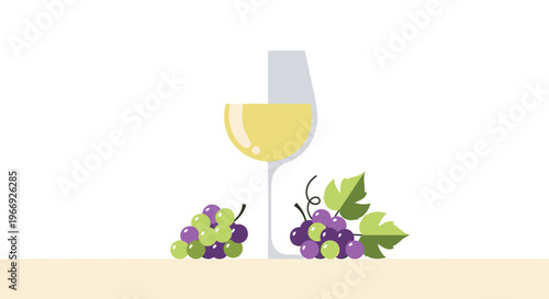 Elegant Illustration of a White Wine Glass Paired with Fresh Green and Purple Grapes, Symbolizing Vineyard Delights and Sophistication