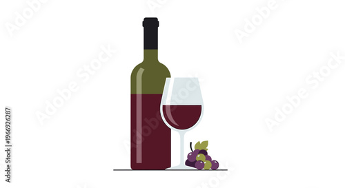 Vector illustration of a red wine bottle, a wine glass, and grapes, suitable for beverage menus, celebration designs, vineyard themes, and general graphic elements