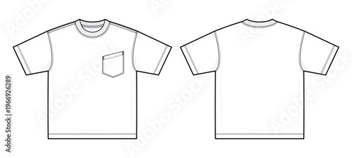 Oversized Boxy Crew Neck T-Shirt with Asymmetrical Patch Pocket Technical Fashion Illustration. Relaxed Fit Short Sleeve Tee Vector Template CAD Mockup