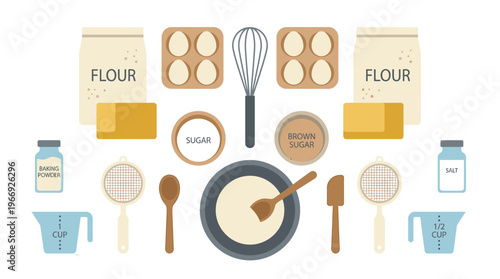 Flat lay illustration of essential baking ingredients and kitchen tools arranged for preparing a homemade dessert, showcasing the process of creating delicious baked goods from scratch