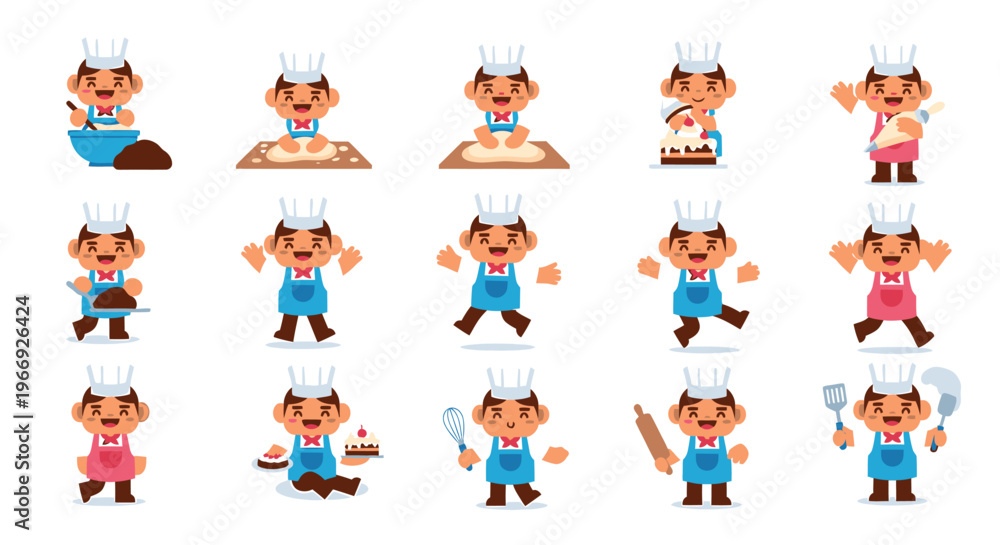 Fototapeta premium Adorable cartoon chef character illustrations depicting a delightful array of baking and culinary activities, perfect for menus, apps, and fun food-related designs