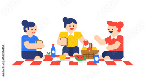 Joyful friends enjoying a delightful outdoor picnic together, sharing food and drinks on a checkered blanket in a bright and happy summer scene