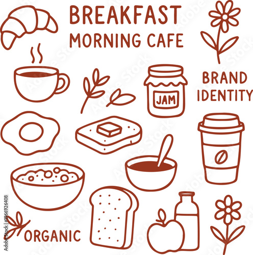 Set of Hand-drawn line art breakfast and morning cafe elements