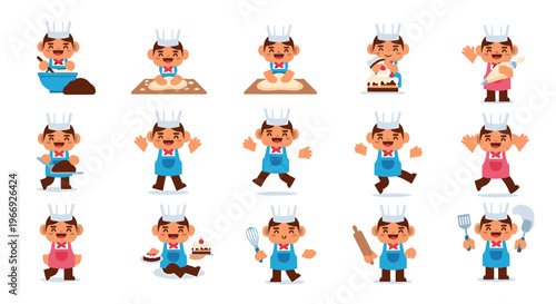 Adorable cartoon chef character illustrations depicting a delightful array of baking and culinary activities, perfect for menus, apps, and fun food-related designs
