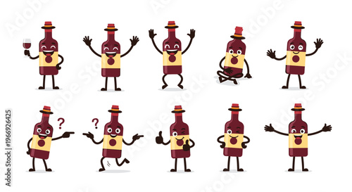 Collection of ten personified cartoon wine bottle characters expressing a range of emotions and actions, from joyful toasts to thoughtful poses, ideal for fun beverage designs