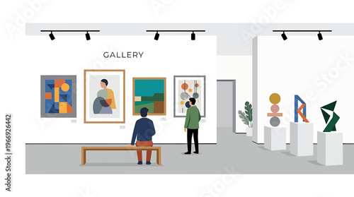 A vibrant modern art gallery interior scene, depicting visitors appreciating a diverse collection of contemporary abstract paintings and sculptural artworks under spotlights