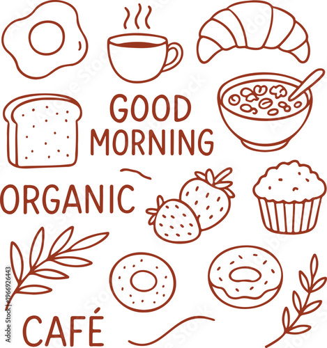 Set of Hand-drawn line art breakfast and morning cafe elements