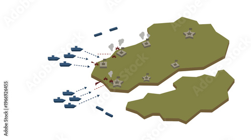 Dynamic isometric tactical map illustrating a simulated naval invasion and strategic island defense, featuring military vessels engaging fortified coastal positions in a conceptual battle