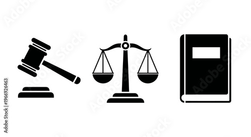 Classic legal system icons judge's gavel, scales of justice, and law book. Representing judicial authority, fairness, and the rule of law