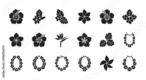 Elegant tropical flower and Hawaiian lei silhouette icons. This versatile vector collection perfectly embodies island paradise concepts for vibrant graphic design, adding an exotic flair