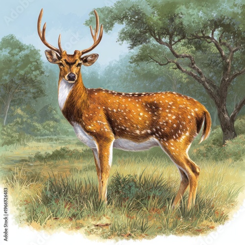 Spotted Deer Standing in Forest Clearing with Green Trees and Blue Sky