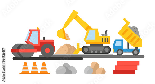 Vibrant vector illustration of a construction site featuring heavy machinery like an excavator, road roller, and dump truck, showcasing active building and infrastructure development