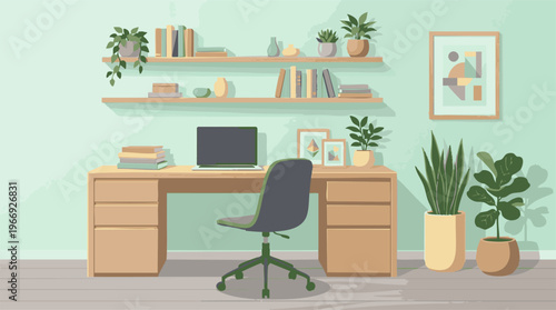 Modern Home Office Interior with Laptop, Books, and Potted Plants on Desk and Shelves