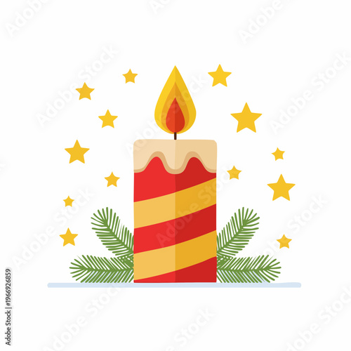 Christmas candle burning brightly with festive decoration of stars and pine branches