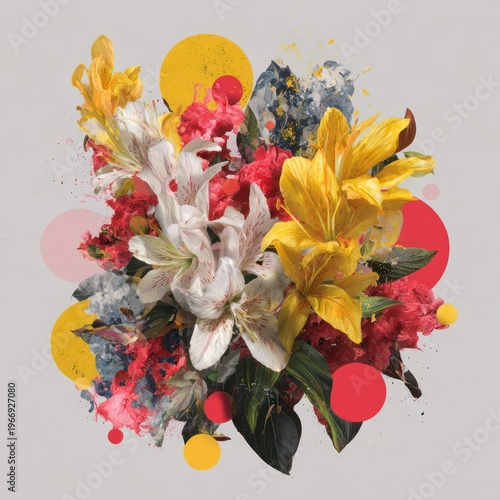 Colorful Floral Arrangement Featuring White and Yellow Lilies with Bright Pink and Blue Accents
