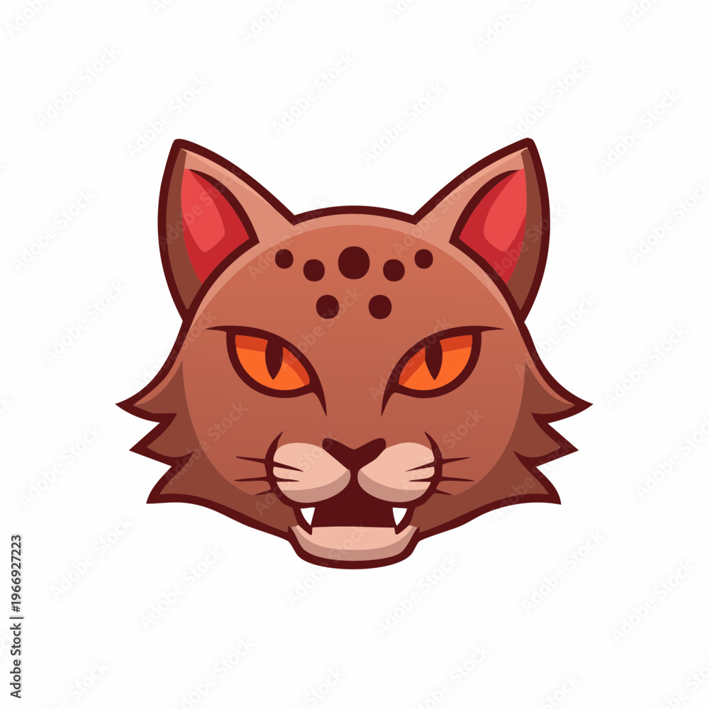 Fototapeta premium Cartoon Cat Face Illustration, Brown Fur, Orange Eyes, Angry Expression