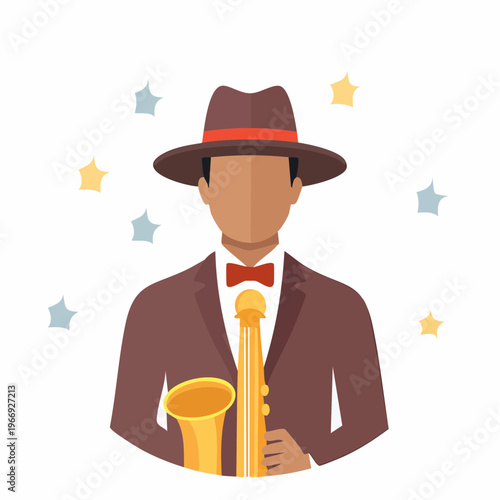 Jazz musician icon with saxophone and bow tie with star accents