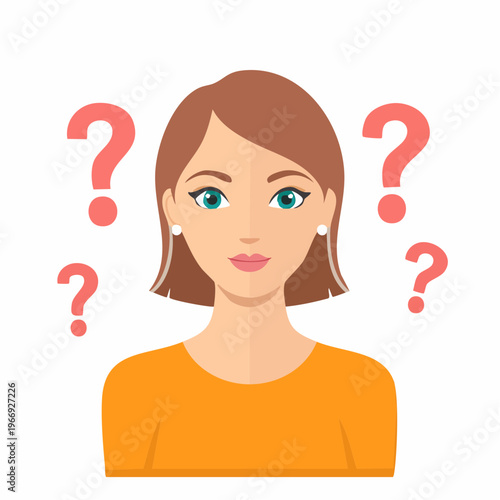 Woman surrounded by question marks, concept of confusion and doubt