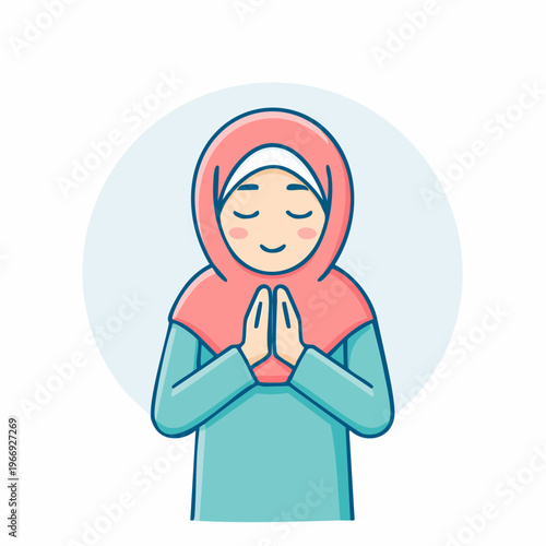 Muslim woman offering prayer, cartoon illustration, Islamic faith, cultural gesture