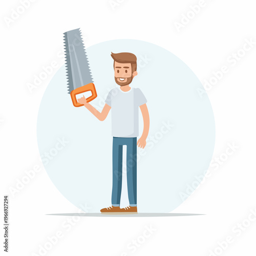 Happy carpenter showing hand saw. Vector illustration of a craftsman in his workshop.