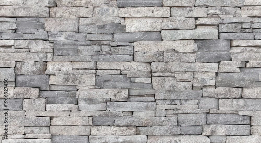 Obraz premium A neatly stacked gray stone wall with rectangular and square-shaped stones of varying sizes and textures.