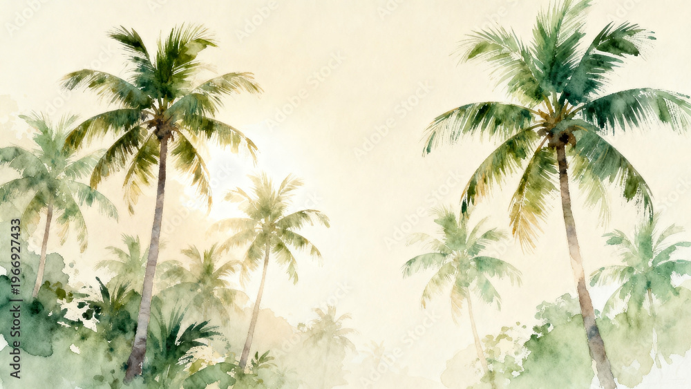 Fototapeta premium Minimal Tropical Palm Trees Watercolor Background for Summer Design.