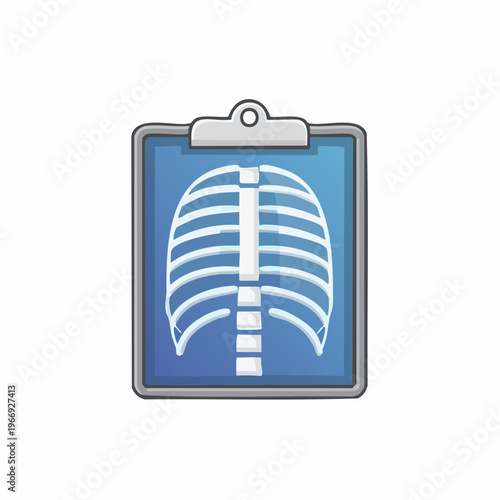 Cartoon medical icon of chest x-ray displayed on a clipboard, healthcare concept.