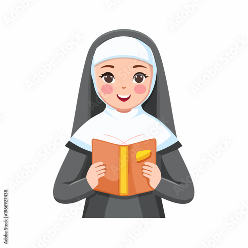 Smiling nun reading from a book illustration