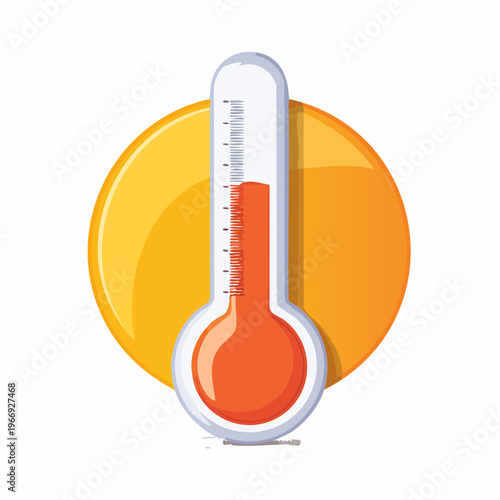 Cartoon illustration of a thermometer showing a high temperature level, hot weather concept