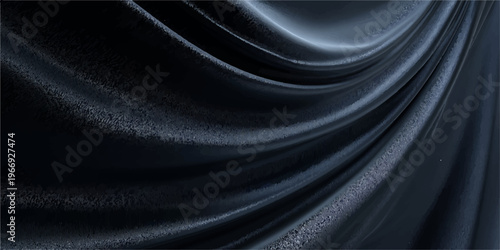 Smooth black satin and silk fabric texture background with soft luxury waves and elegant dark drapery curves for a shiny textile material backdrop