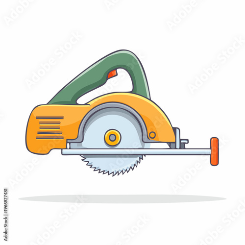 Cartoon illustration of a yellow and green circular saw tool