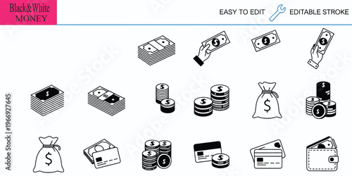Collection of money icons in black-and-white outline style, featuring flat graphic design elements that are easy to edit and have an editable stroke vector illustration.