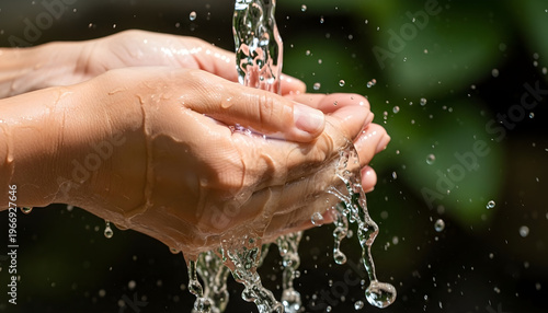 A woman washes her hands in a clear stream of pure water, creating a wet splash and liquid drops that highlight healthy skin and clean hygiene