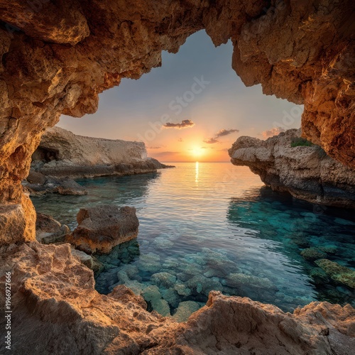 Scenic Rocky Cove with Crystal Clear Water at Sunset