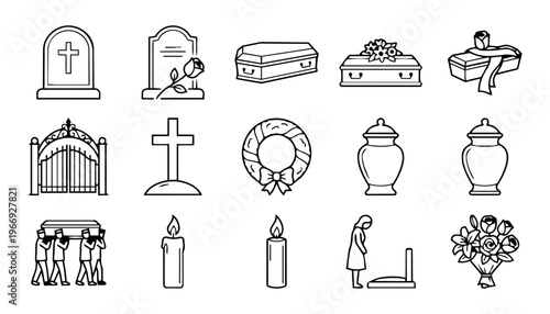 Funeral and Memorial Outline Icon Set – Coffin, Tombstone, Cemetery, Urn, Candle and Mourning Symbols