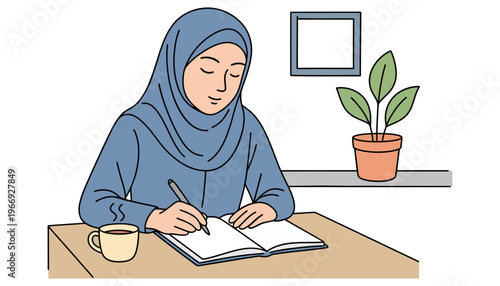 A Muslim woman wearing a hijab studying with a cup of coffee