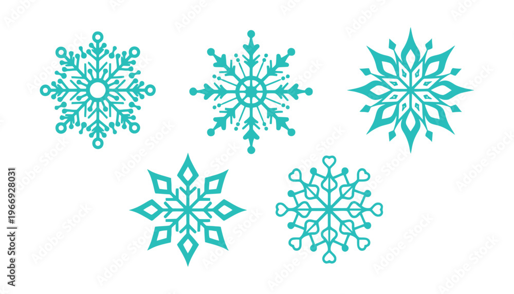 Fototapeta premium Snowflake icons set of five teal colored symmetrical winter designs