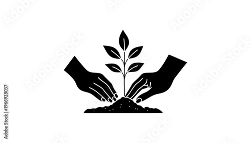 A hand silhouette planting a seedling in the soil icon