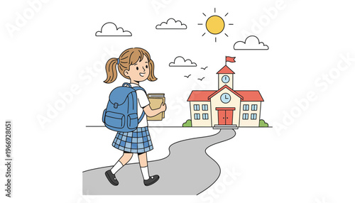 A schoolgirl walking towards a school building on a sunny day