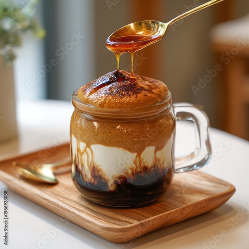 Sweet Coffee Dessert in Glass Mug with Caramel Drizzle and Milk Swirl on Wooden Tray