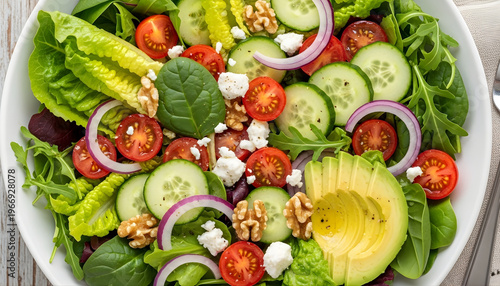 Fresh vegetable salad with tomatoes cucumber and greens served on a white plate healthy fresh meal