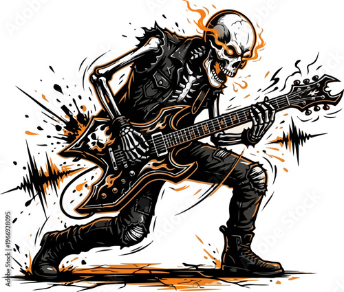 Skeleton Guitar Player Black Orange Silhouette Vector