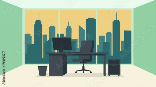 Modern minimalist office workspace with city skyline view from large window